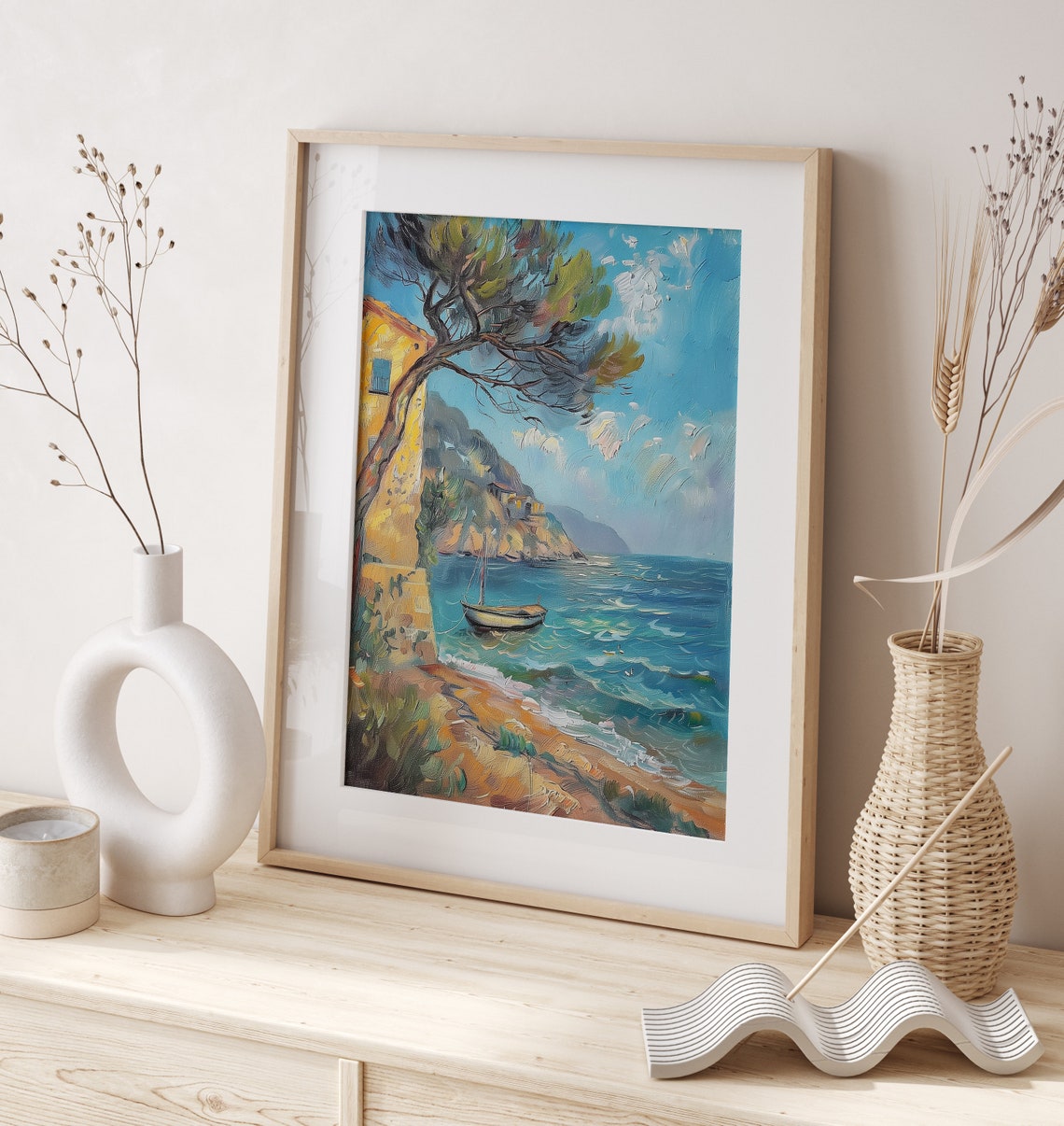 Mediterranean Cove with Yellow Villa and Boat Coastal Art Poster - Image 2