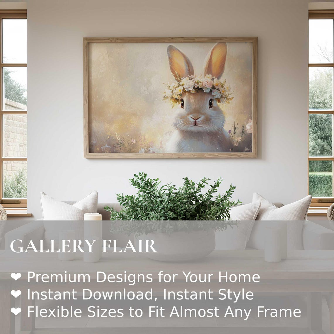 White Bunny Portrait With Flower Crown Pastel Spring Easter Art Poster - Image 2