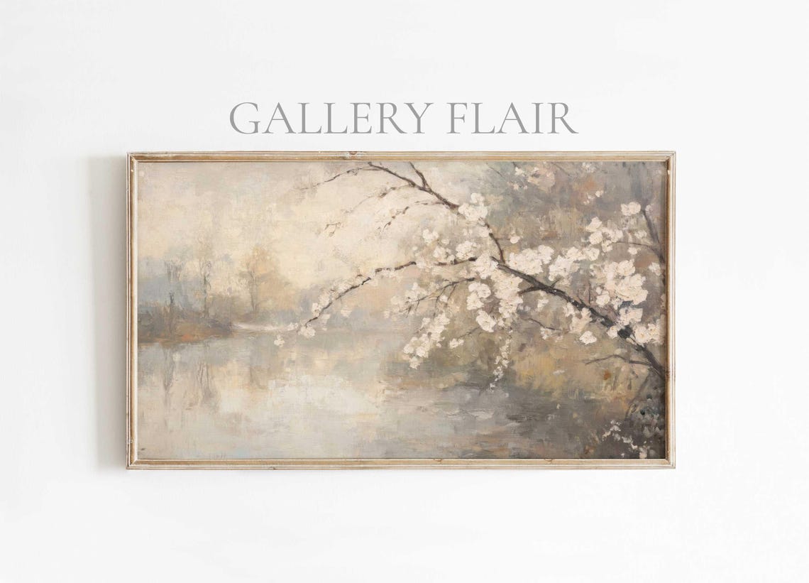 Blossom Branches Over Calm Lake Misty Spring Landscape Poster