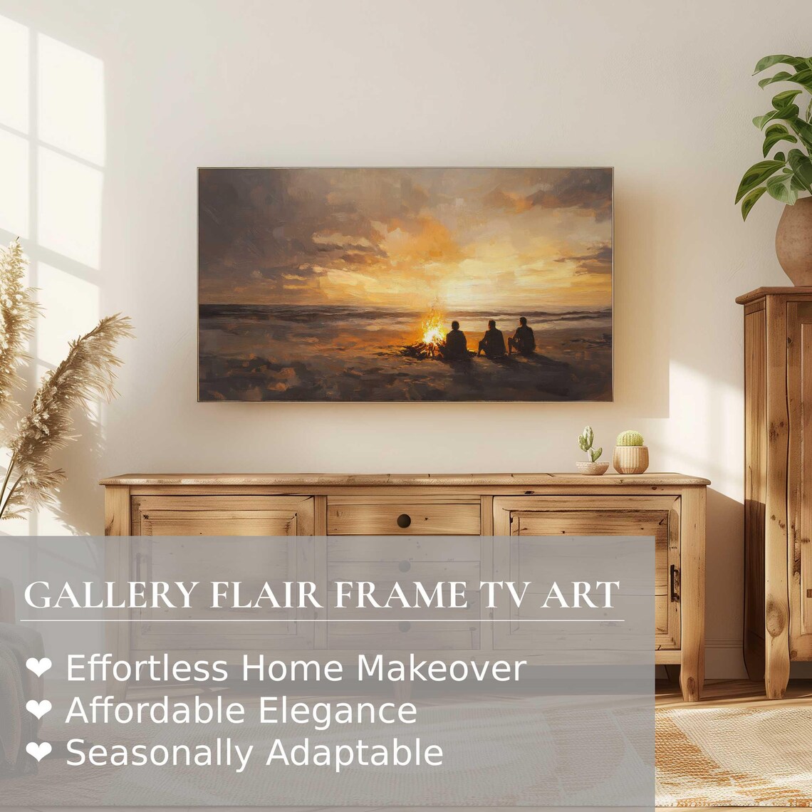 Coastal Frame Tv Art Beach Bonfire Impressionism Gathering Vintage Seascape Art For Tv Nautical Summer Spring - Image 2