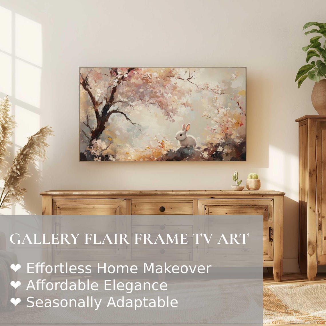 White Bunny Beneath Blossoming Cherry Tree Spring Painting Poster - Image 2