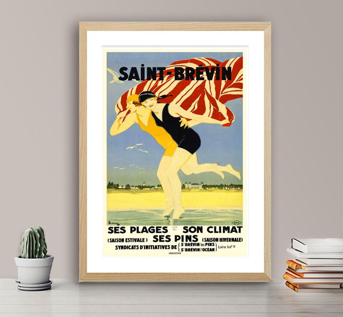 Saint Brevin France Bathers Striped Tent Beach Vintage Travel Poster