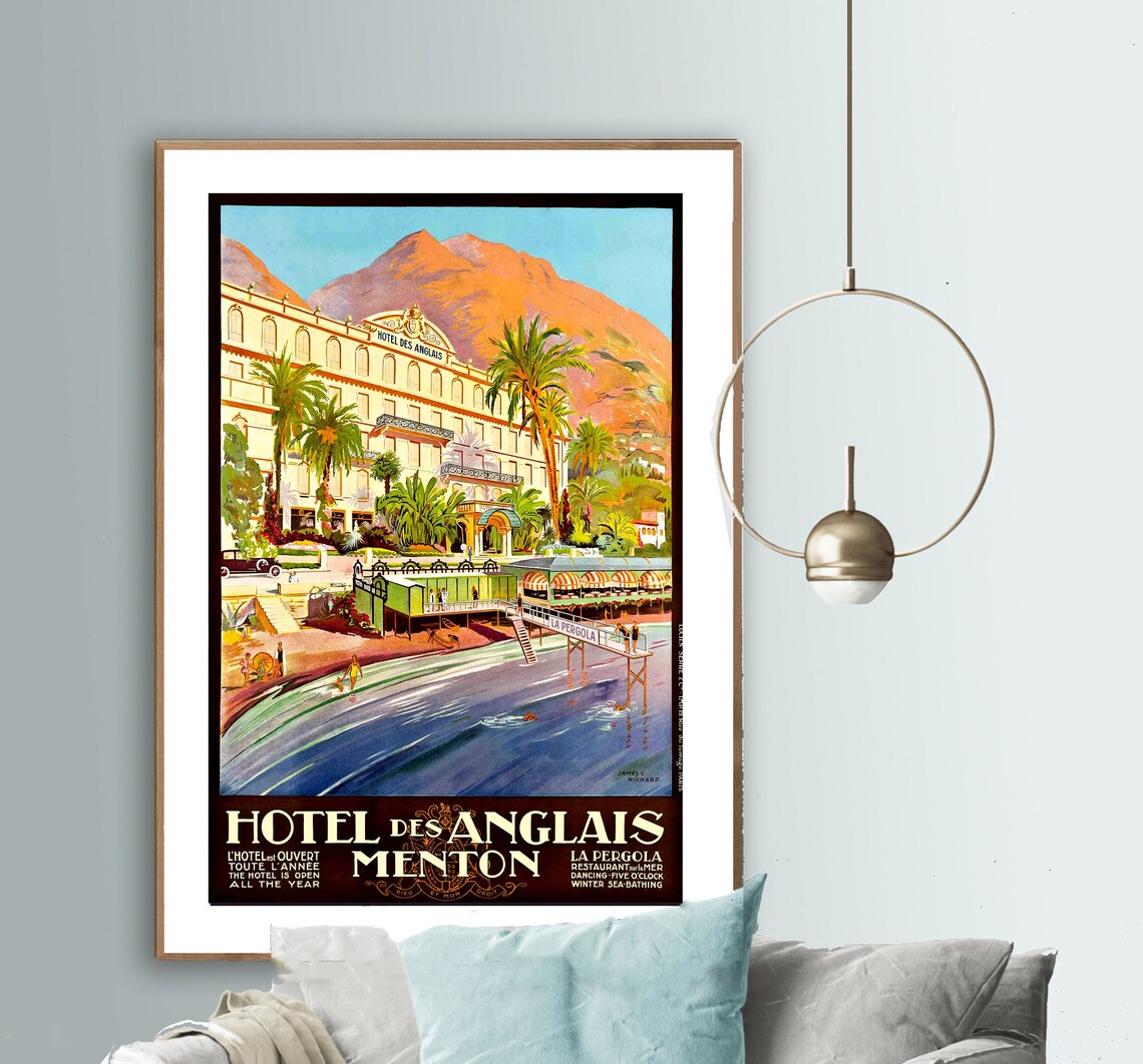 Hotel des Anglais Menton French Riviera Seaside Palace Vintage Poster