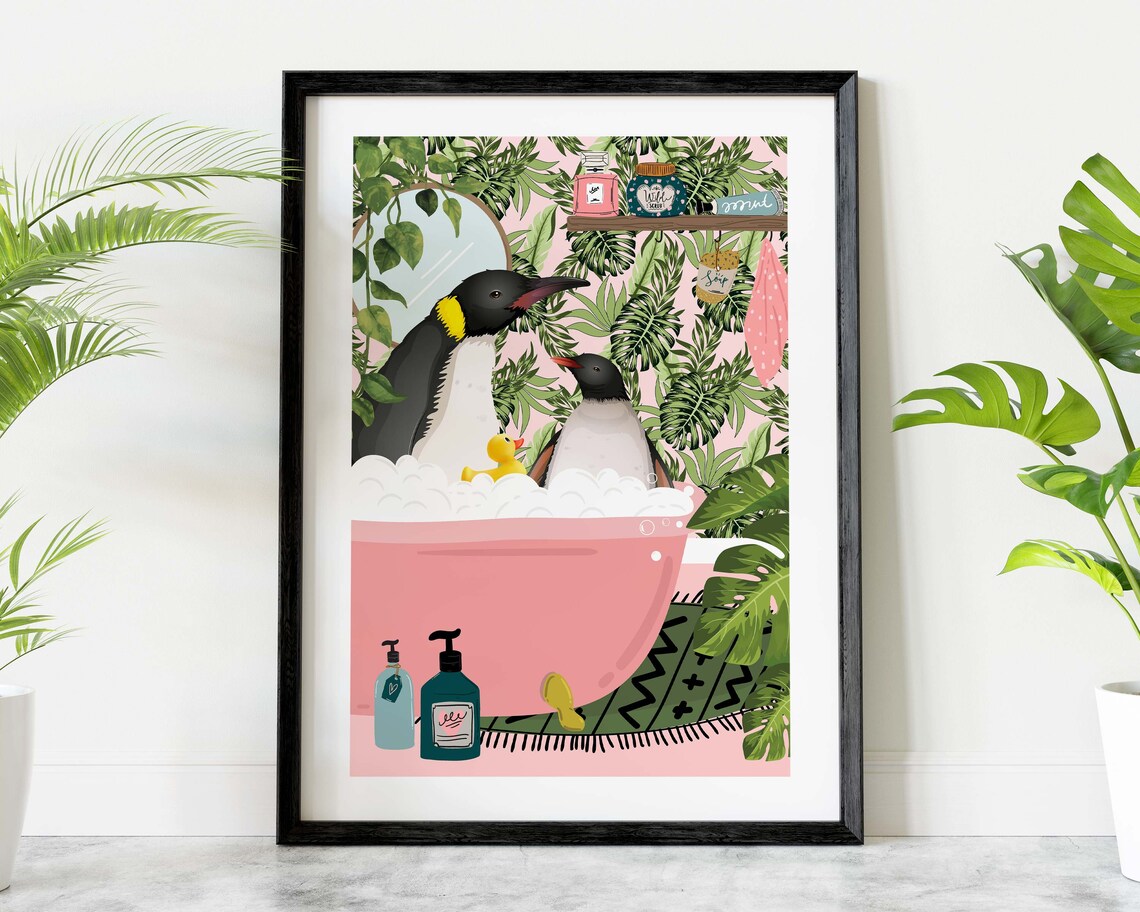 Penguins in Bathtub Animal Print, Whimsical Bathroom Art