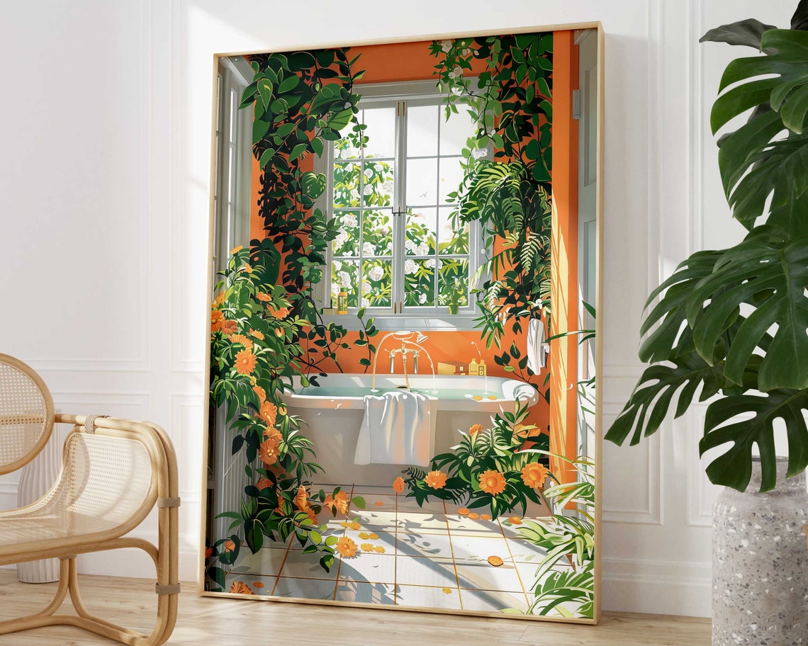 Tropical Botanical Bathroom With Bathtub And Lush Plants Wall Art