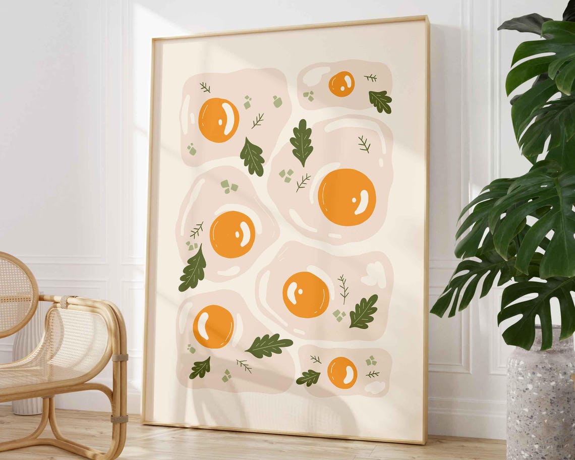 Fried Eggs Breakfast Pattern Minimalist Mid Century Kitchen Art Print