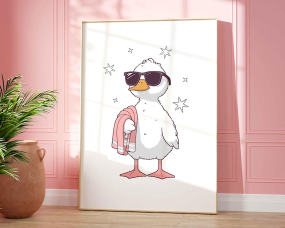 Cool Duck With Sunglasses Funny Poster With Pink Towel And Sparkles