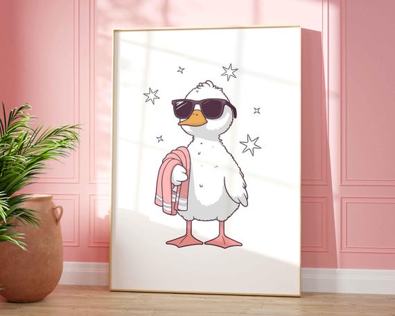 Cute Bathroom Duck Sunglasses Poster Funny Cool Wall Art Trendy Silly Goose Nursery Room Decor It Girl Modern Sassy Pink Print