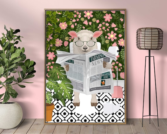 Sheep On Toilet Bathroom Print Fun Animal Kids Maximalist Wall Art Botanical Decor Boho Nursery