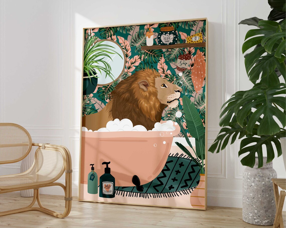 Lion Bathroom Wall Art, Funny Animal Poster