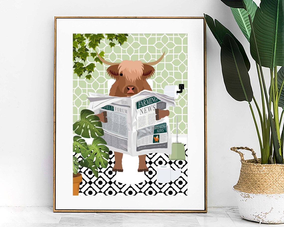 Highland Cow On Toilet Funny Bathroom Art Print