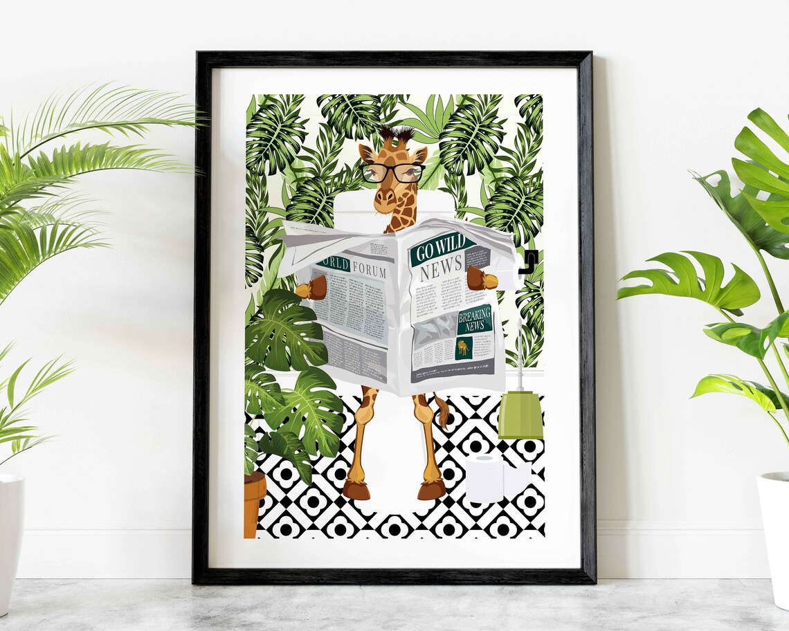 Giraffe On Toilet Funny Bathroom Art Print, Kids Decor
