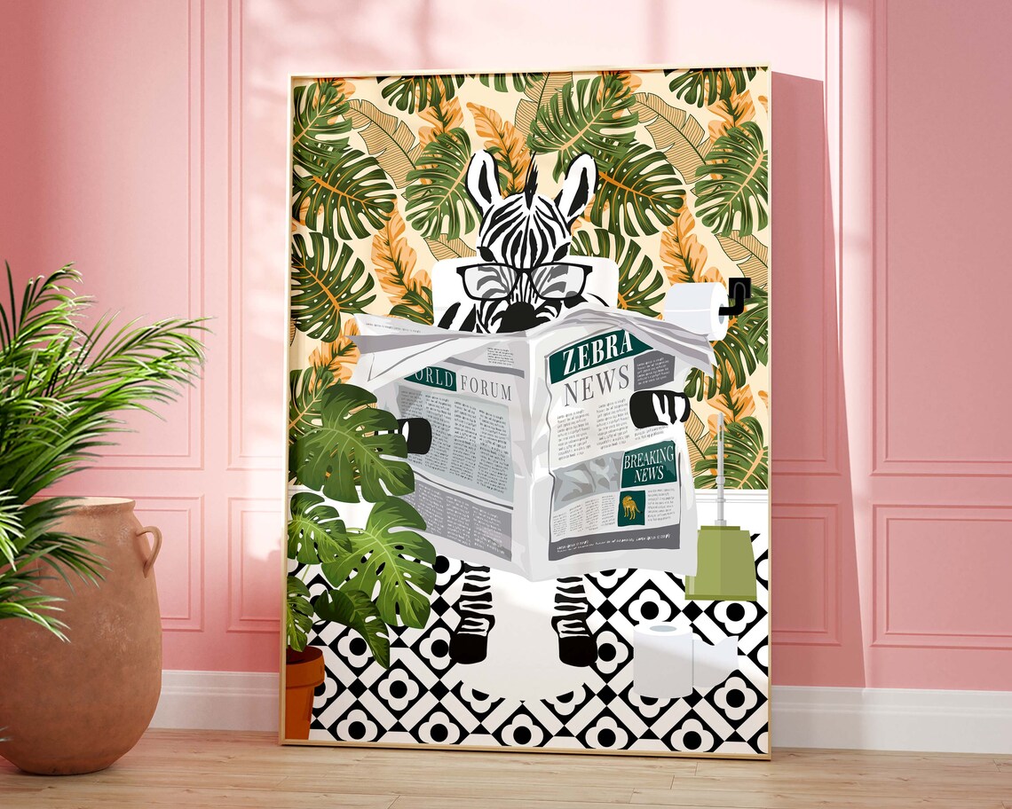 Zebra On Toilet Bathroom Art Print, Pastel Orange