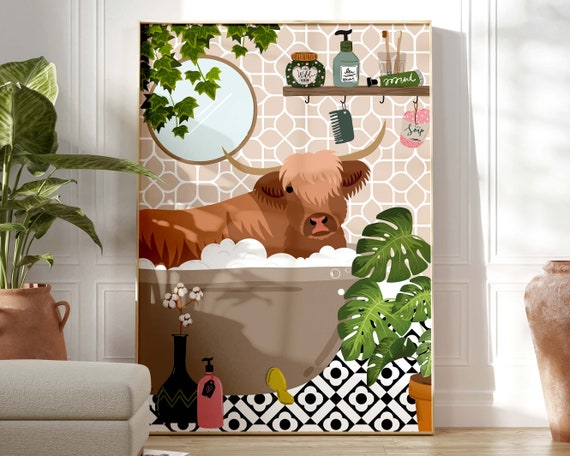 Highland Cow In Bath Botanical Animal Art Print