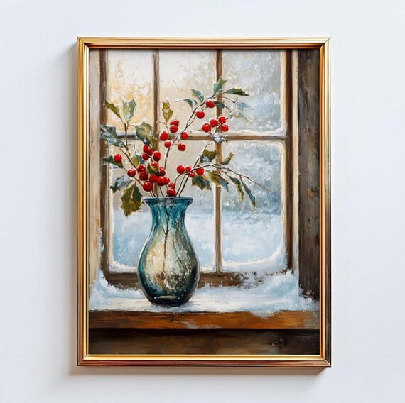 Winter Berries Art Print Rustic Heritage Decor Impasto Realism Style Home