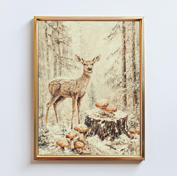 Deer In Winter Forest With Mushrooms Neutral Vintage Snow Scene