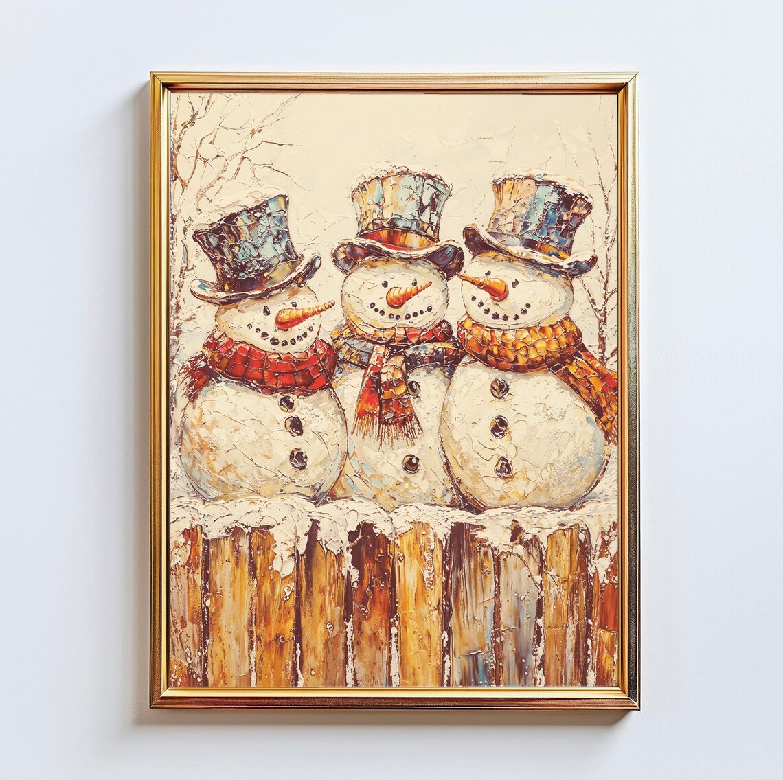 Three Cheerful Snowmen Top Hats Snowy Fence Christmas Holiday Poster
