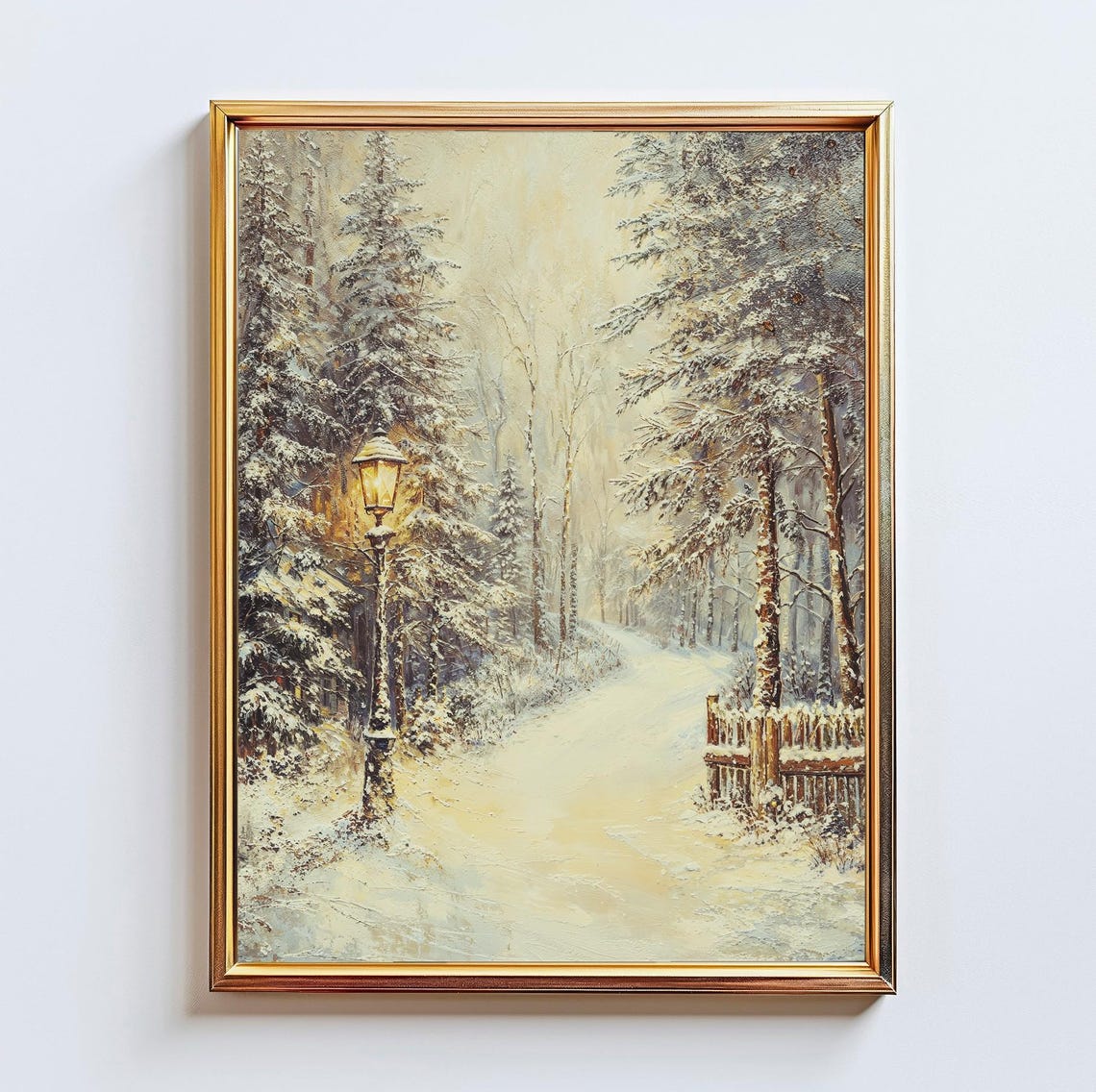 Snowy Forest Path Lit Lamppost Winter Wonderland Night Poster