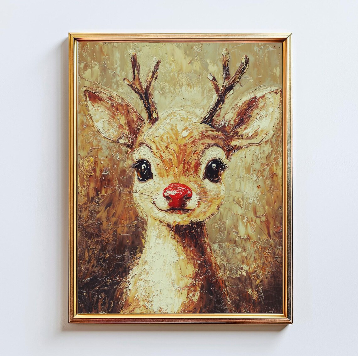 Rudolph Reindeer Whimsical Christmas Deer Portrait Impasto Art Print