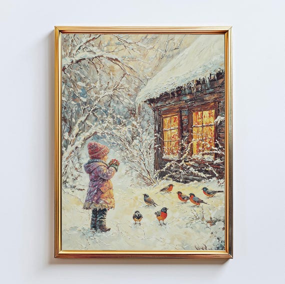 Winter Snowbirds Little Girl Cottage Scene