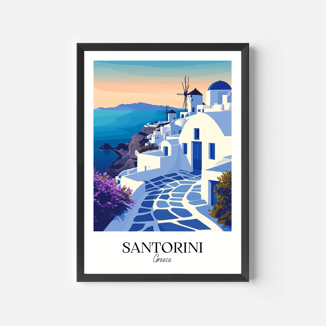 Santorini Greece White Village Blue Domes Windmill Travel Poster - Image 2