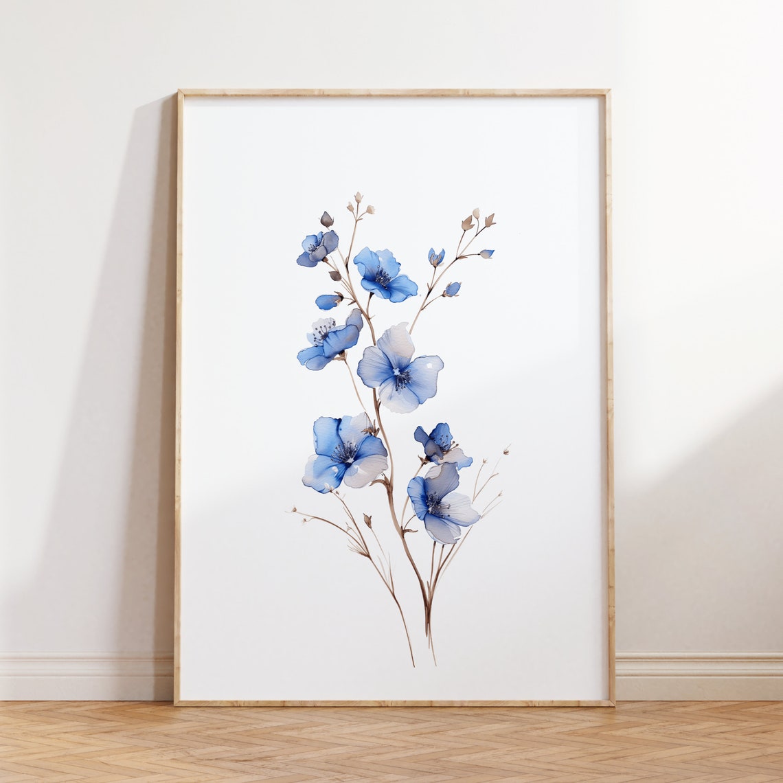 Blue Flax Flowers Watercolor Delicate Slender Botanical Art Poster