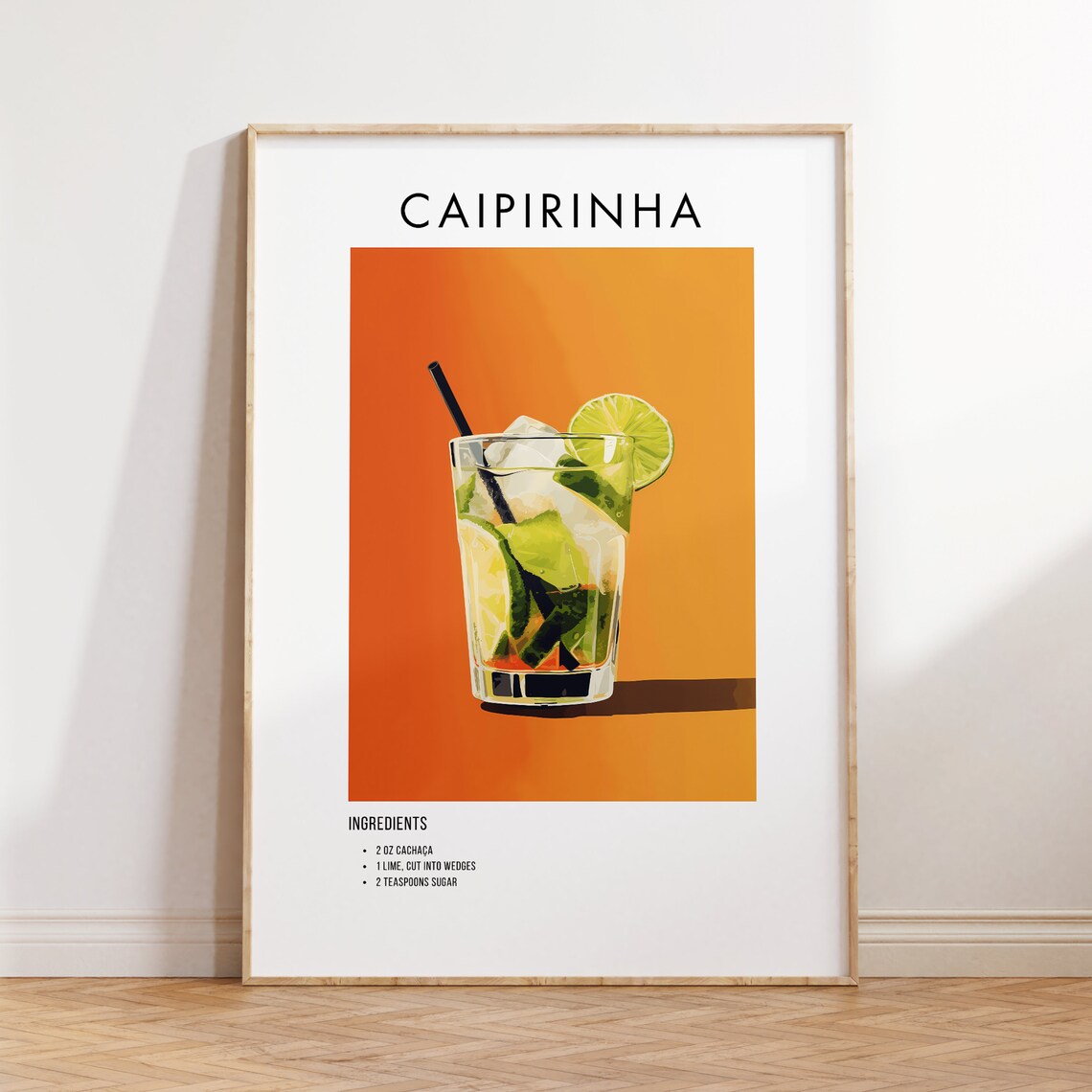 Caipirinha Cocktail Recipe Minimalist Orange Bar Kitchen Art Poster