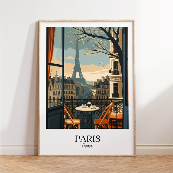 Paris France Eiffel Tower Balcony Cafe View Romantic Travel Poster