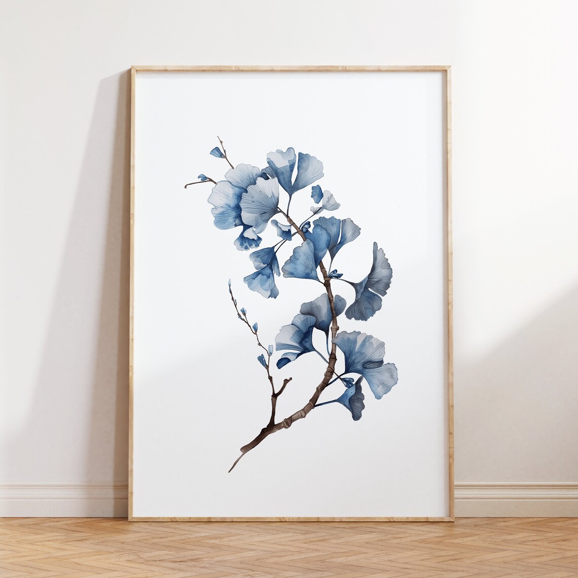 Blue Ginkgo Watercolor Branch Minimalist Botanical Art Poster