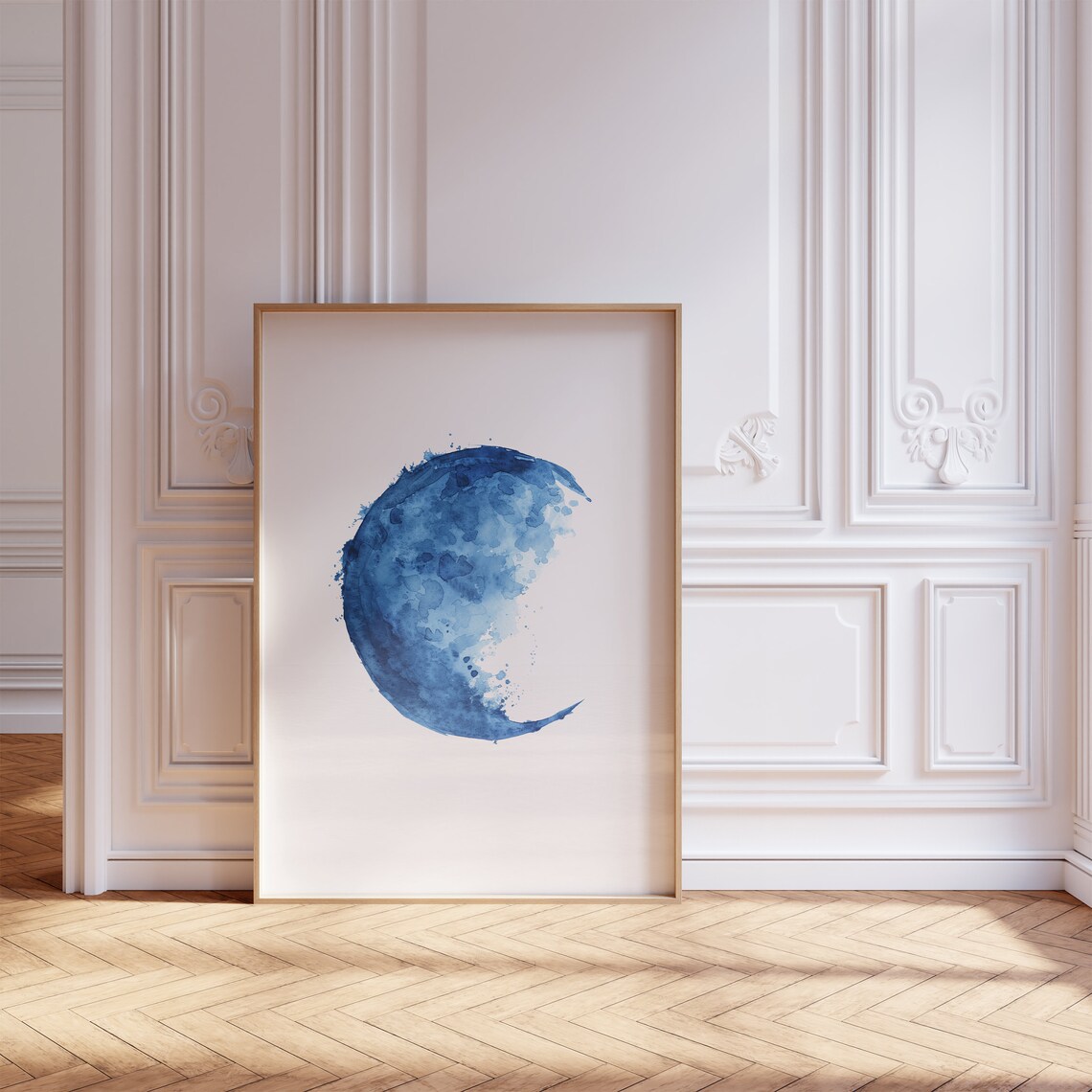 Blue Moon Phase Watercolor Crescent Minimalist Lunar Art Print - Image 2