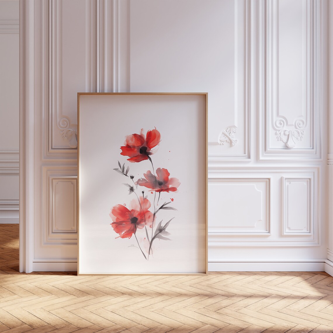 Red Floral Bouquet Watercolor Bold Minimalist Botanical Poster - Image 2
