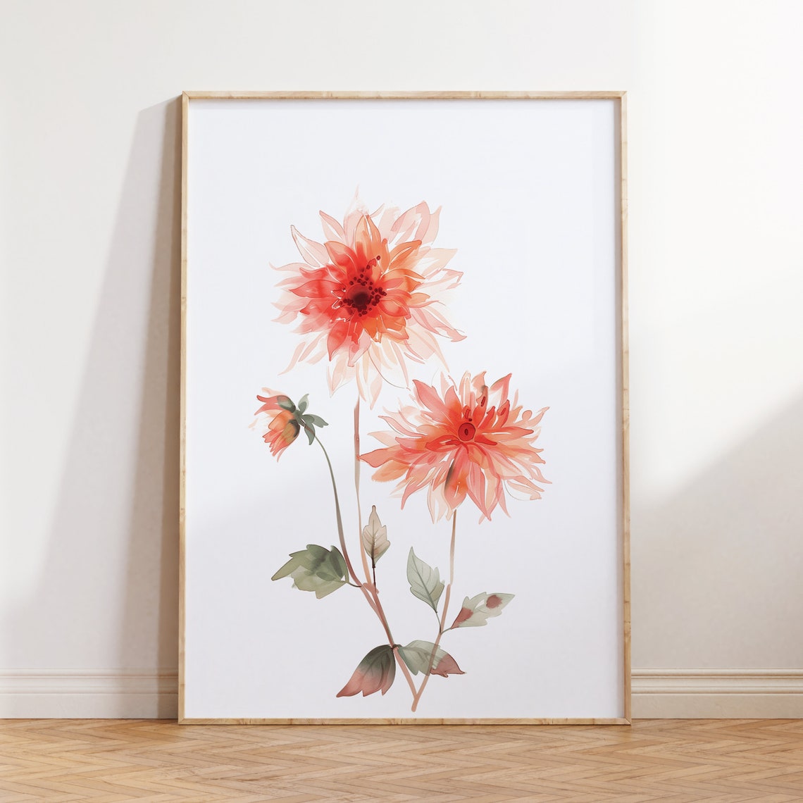 Red Dahlia Watercolor Blooms Minimalist Botanical Art Poster