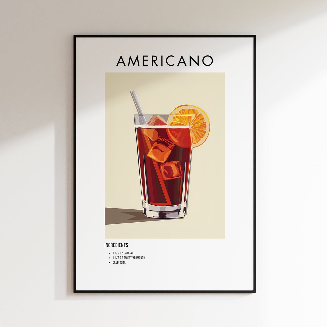 Americano Cocktail Recipe Poster Campari Orange Drink Bar Cart Art - Image 2