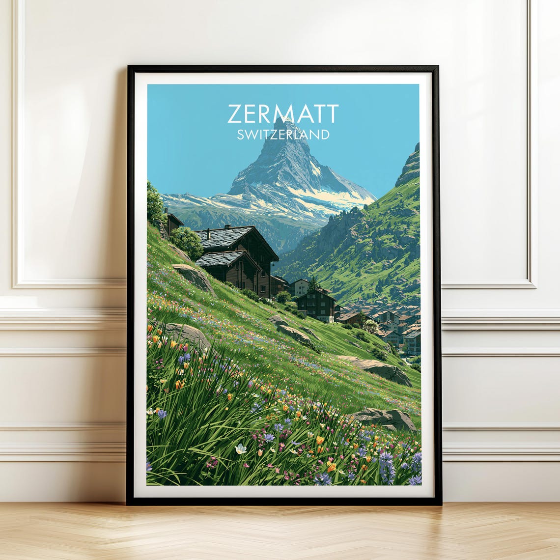 Zermatt Switzerland Matterhorn Alpine Chalets Vintage Travel Poster