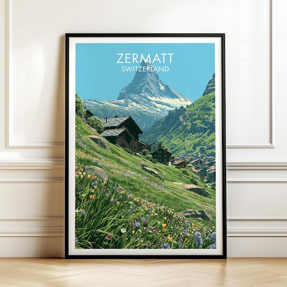 Zermatt Switzerland Matterhorn Alpine Chalets Vintage Travel Poster