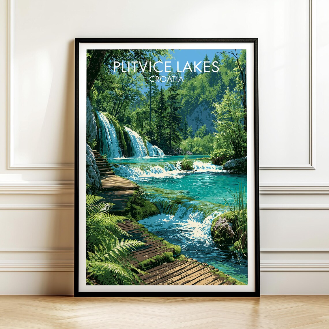 Plitvice Lakes Croatia Turquoise Waterfalls Boardwalk Vintage Travel Poster