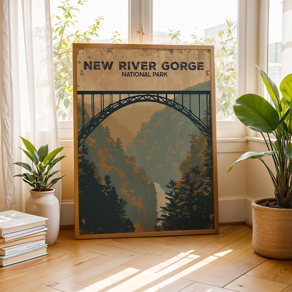 New River Gorge National Park Vintage Bridge Rustic Travel Poster
