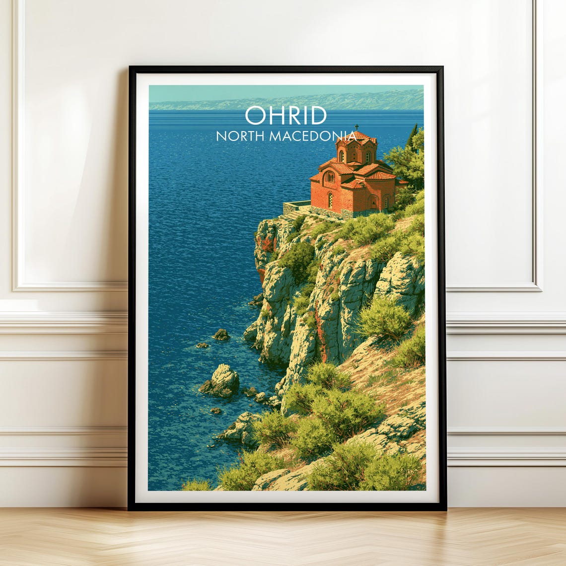 Ohrid North Macedonia Lake Church Cliffside Vintage Travel Poster