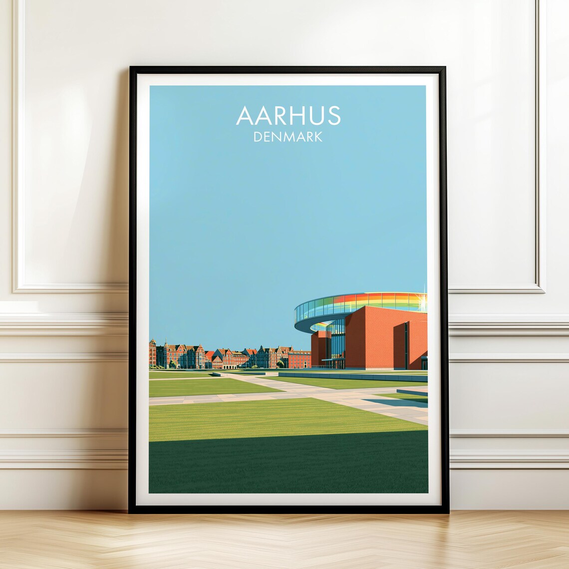 Aarhus Denmark Travel Poster ARoS Museum Rainbow Panorama Cityscape Art