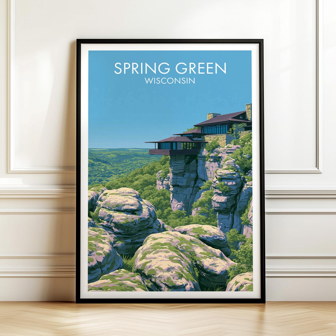 Spring Green Wisconsin Cliffside House Vintage Style Travel Poster