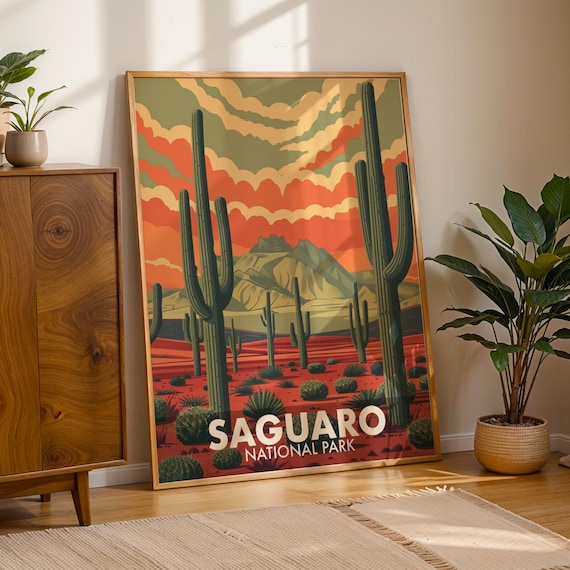 Saguaro National Park Giant Cactus Sunset Retro Travel Poster