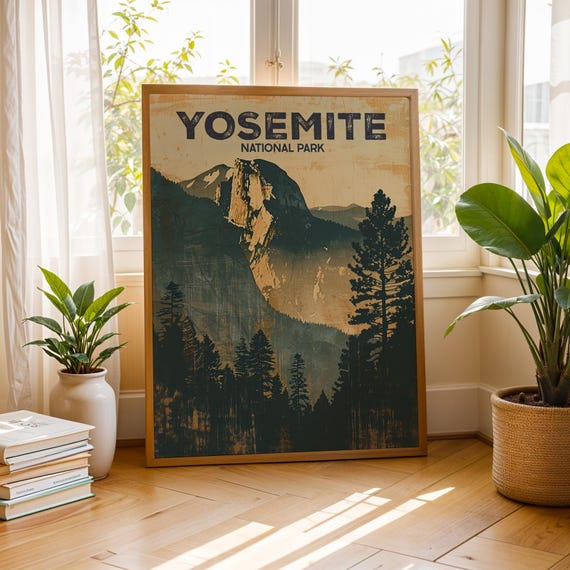 Yosemite National Park Vintage Travel Poster Rustic Cabin Decor