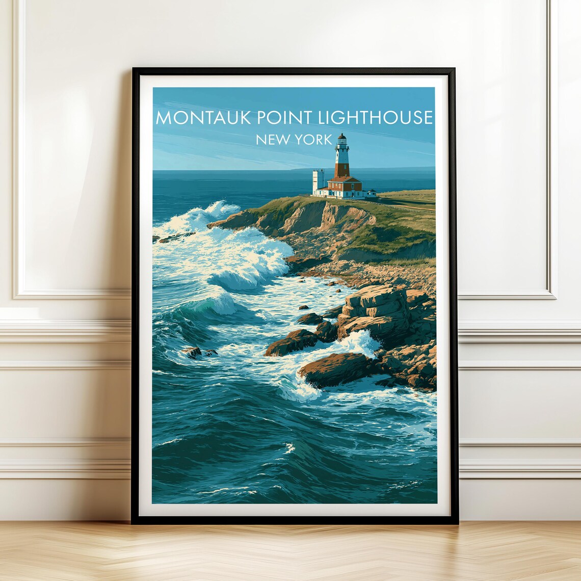 Montauk Point Lighthouse New York Vintage Coastal Travel Art Poster