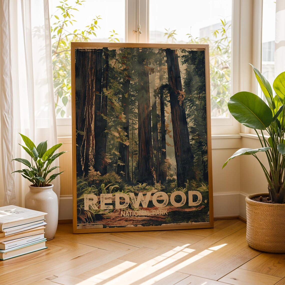 Redwood National Park Towering Trees Sunlit Forest Vintage Travel Poster