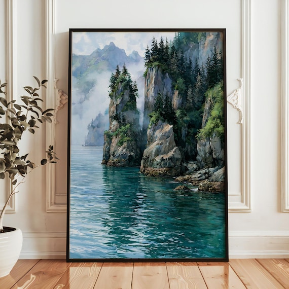 Kenai Fjords National Park Sea Cliffs Misty Fjord Watercolor Poster
