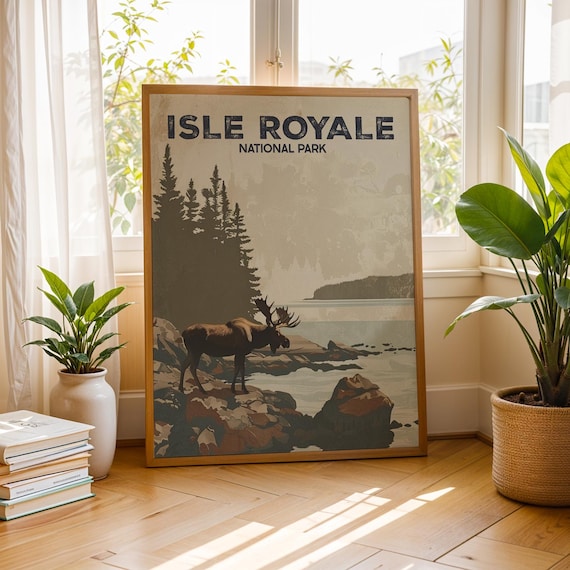 Isle Royale National Park Moose Lakeshore Pines Vintage Travel Poster