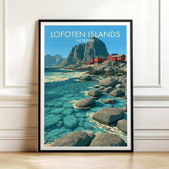 Lofoten Islands Norway Vintage Travel Poster with Red Cabins and Rocky Coast