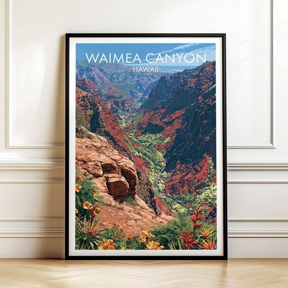 Waimea Canyon Hawaii Red Rock Valley Ocean View Travel Poster