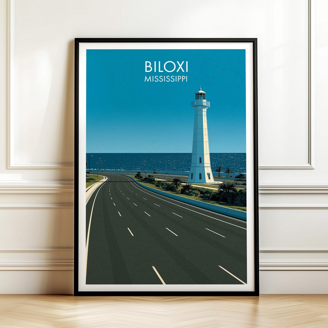 Biloxi Mississippi Lighthouse Vintage Coastal City Travel Poster