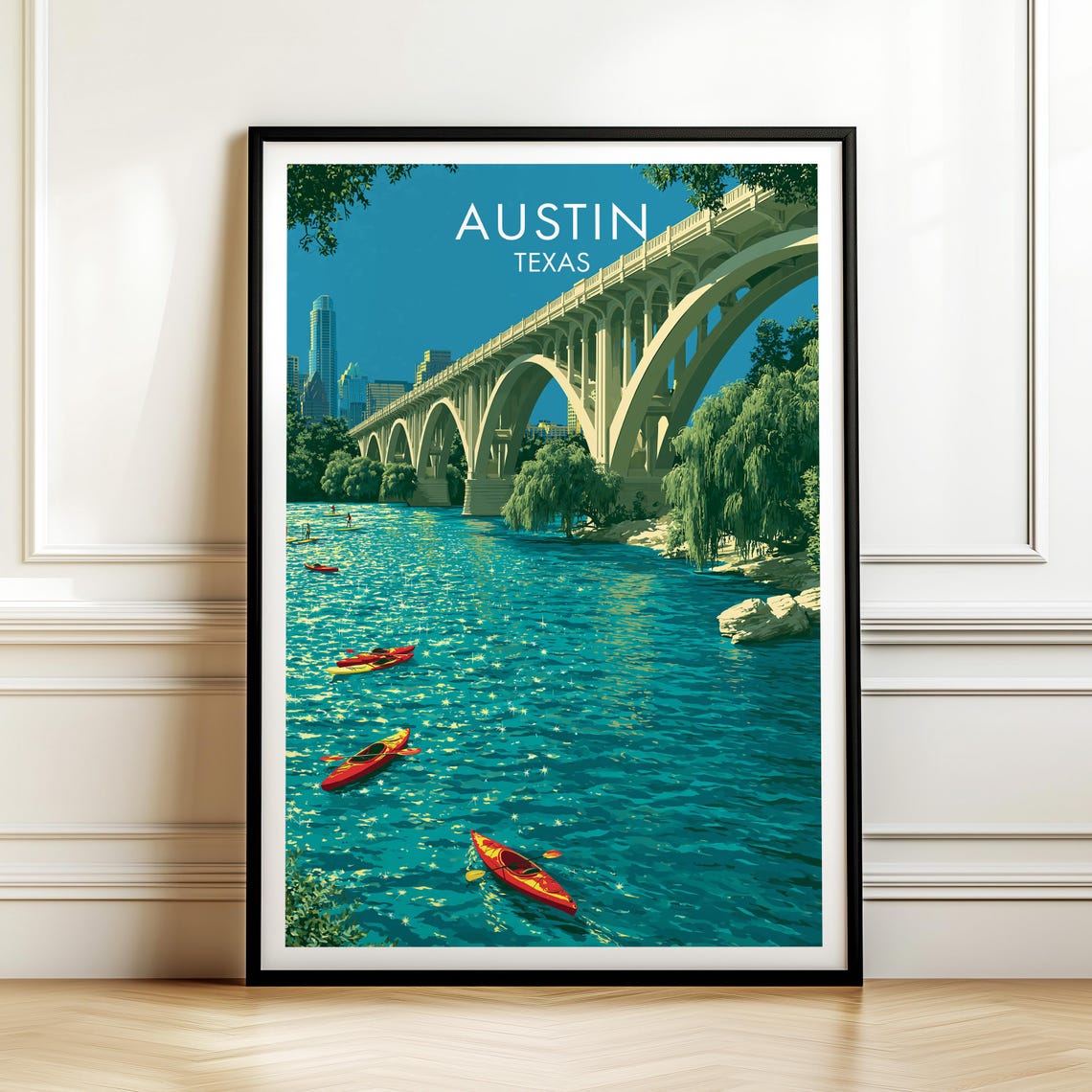 Austin Texas Congress Bridge Kayaks Vintage Travel Wall Poster
